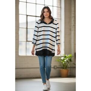 Bellini Women's Striped Tunic Top with Polka Dot Collar‎ and Hem Size L